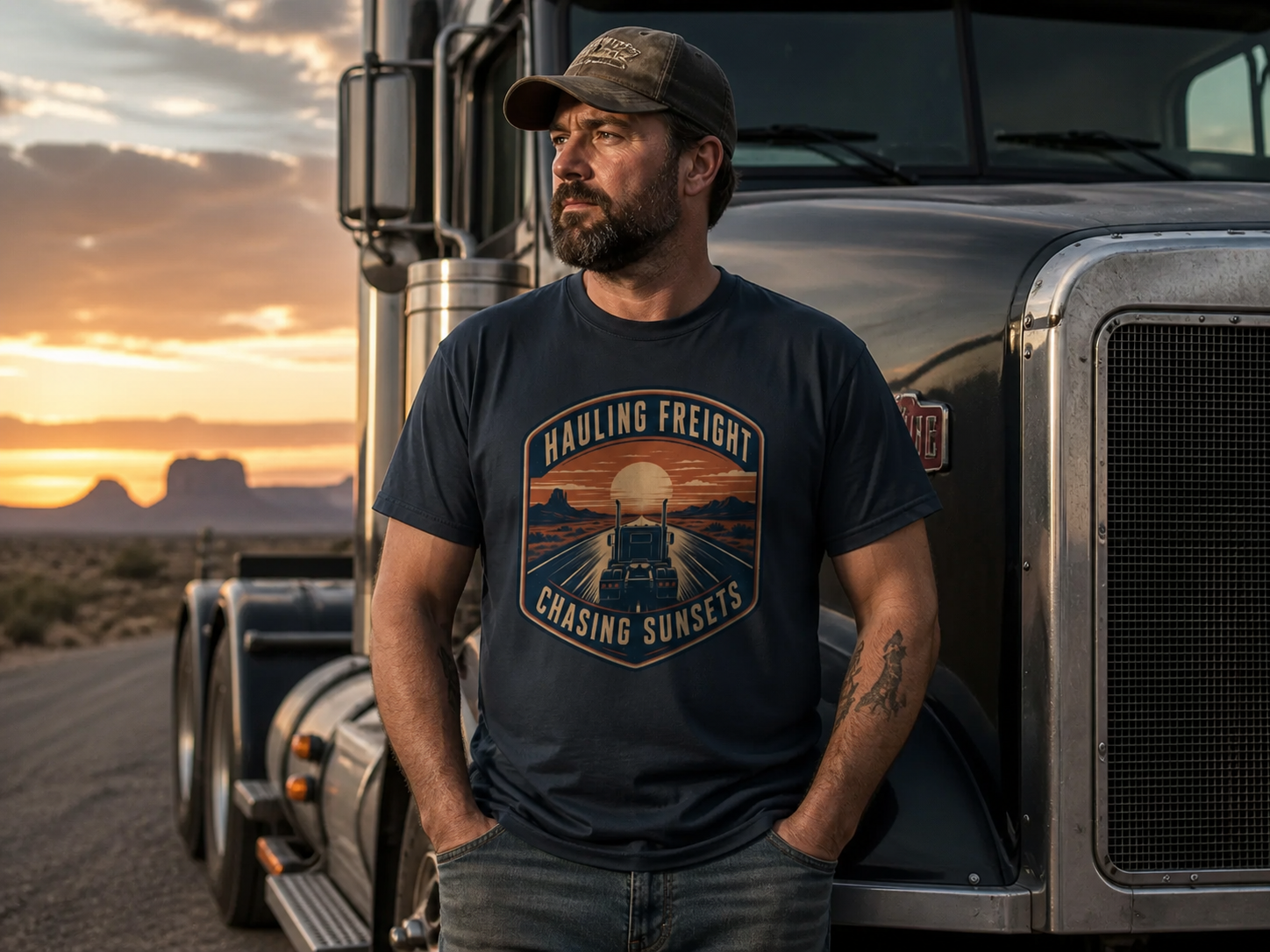 "Hauling Freight, Chasing Sunsets" Trucker T-Shirt
