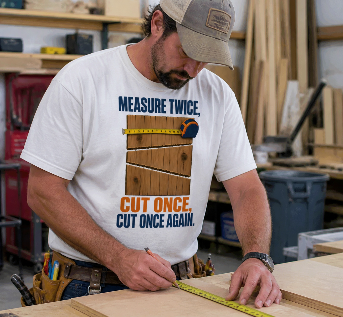 "Measure Twice, Cut Once, Cut Once Again" Carpenter T-Shirt